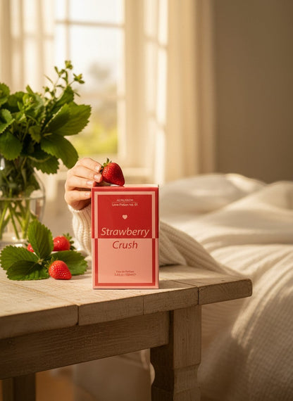 Paradime Enterprise LLC Aubusson Love Potion No.01 Strawberry Crush perfume box with fresh strawberries on a table.