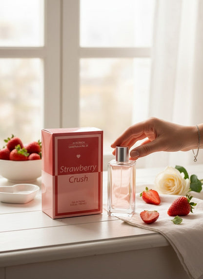 Paradime Enterprise LLC Aubusson Love Potion No.01 Strawberry Crush perfume bottle and box with fresh strawberries.
