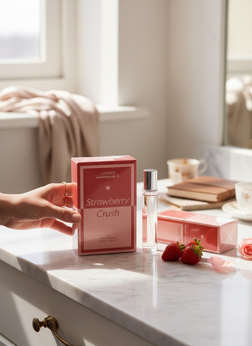 Paradime Enterprise LLC Aubusson Love Potion No.01 Strawberry Crush perfume bottle and box with fresh strawberries.