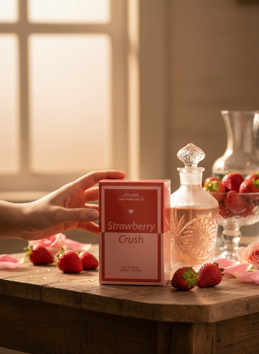 Paradime Enterprise LLC Aubusson Love Potion No.01 Strawberry Crush perfume box on a wooden table with fresh berries.
