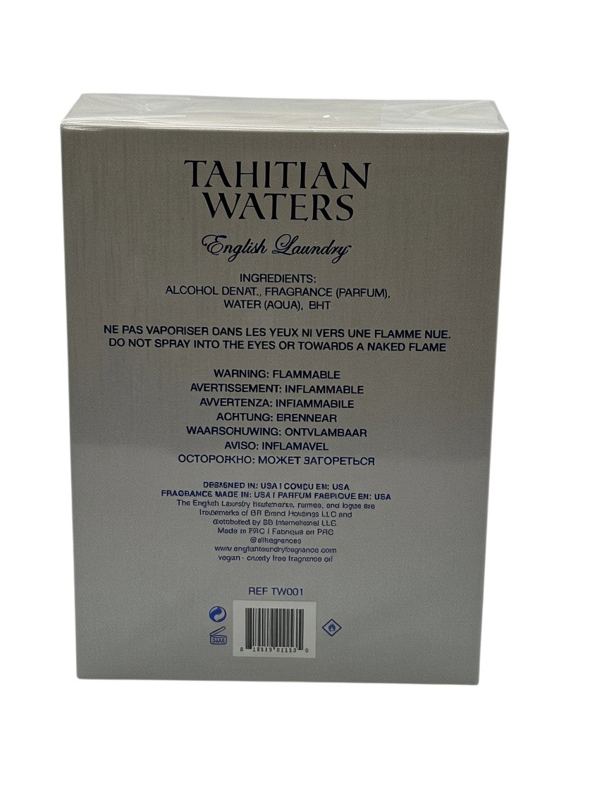 Back of the English Laundry Tahitian Waters perfume box featuring ingredients and safety warnings, sold by Paradime Enterprise LLC.