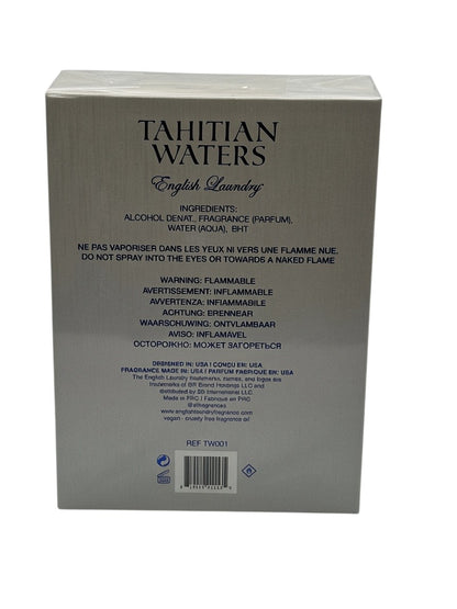 Back of the English Laundry Tahitian Waters perfume box featuring ingredients and safety warnings, sold by Paradime Enterprise LLC.
