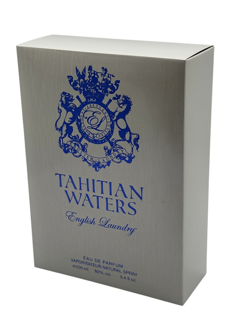Paradime Enterprise LLC English Laundry Tahitian Waters eau de parfum box in silver with blue crest and text.