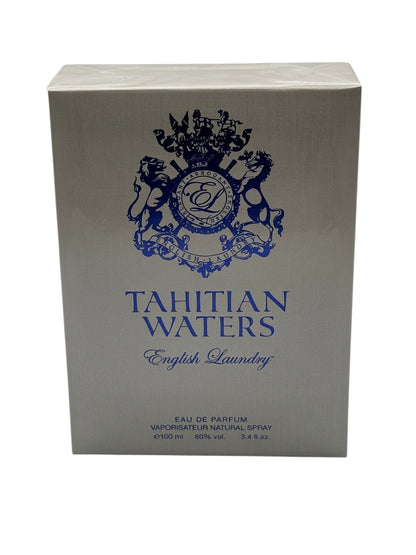 Paradime Enterprise LLC English Laundry Tahitian Waters eau de parfum 3.4 oz box in silver with blue logo and text.