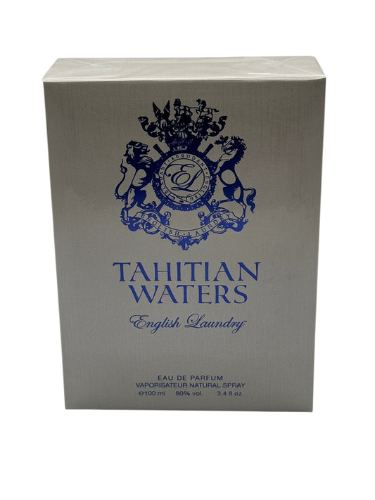 Paradime Enterprise LLC English Laundry Tahitian Waters eau de parfum 3.4 oz box in silver with blue logo and text.