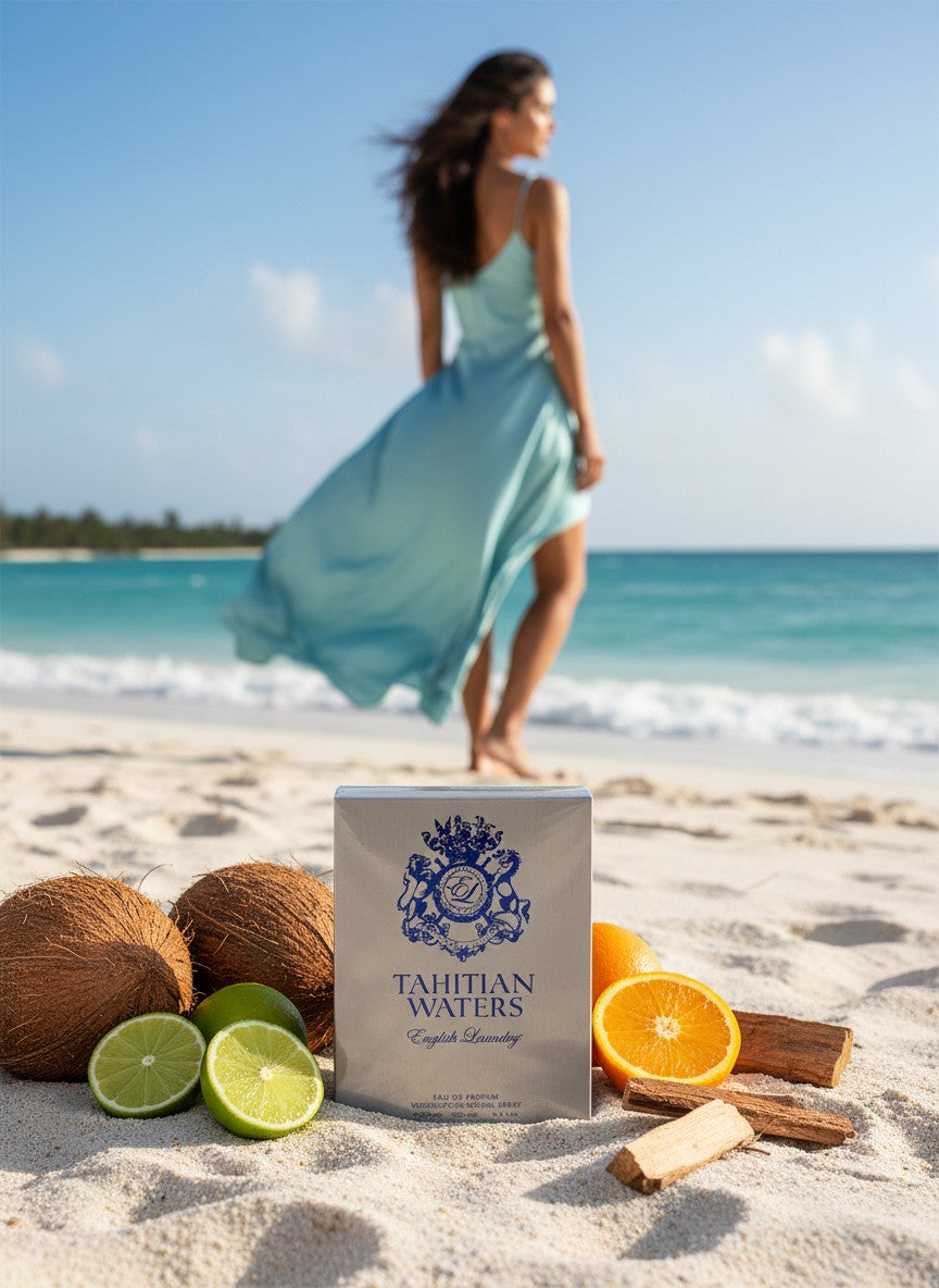 Paradime Enterprise LLC English Laundry Tahitian Waters perfume bottle on a sandy beach with coconut, lime, and orange.
