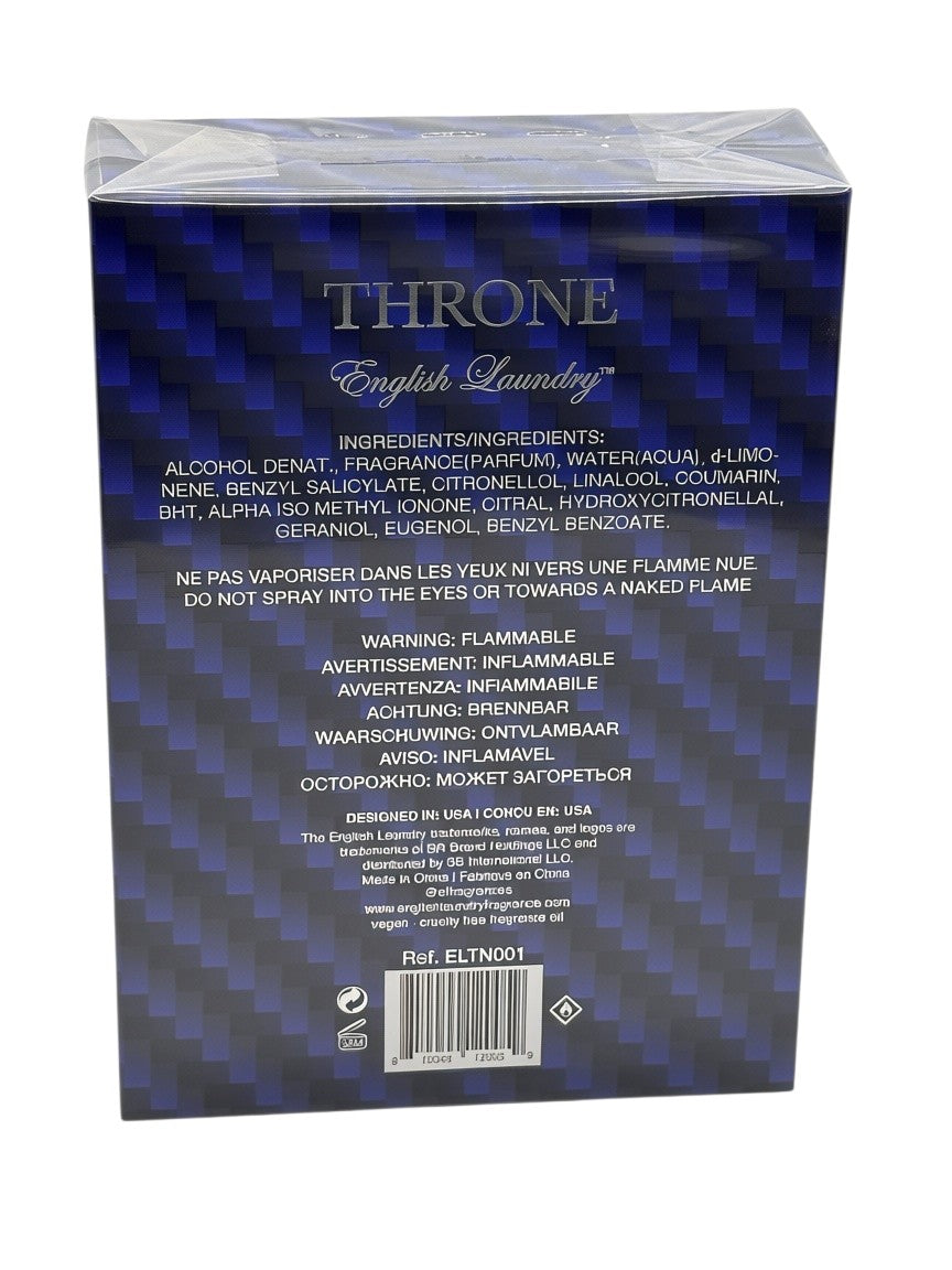 Back of the Paradime Enterprise LLC English Laundry Throne fragrance box with blue carbon fiber pattern and text.