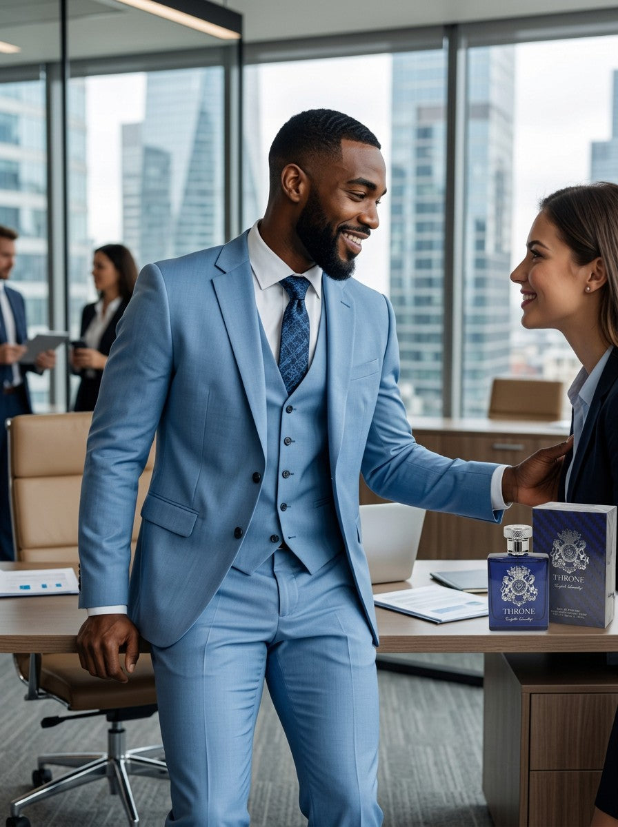 Paradime Enterprise LLC English Laundry Throne men's fragrance bottle on a desk next to a man in a light blue suit