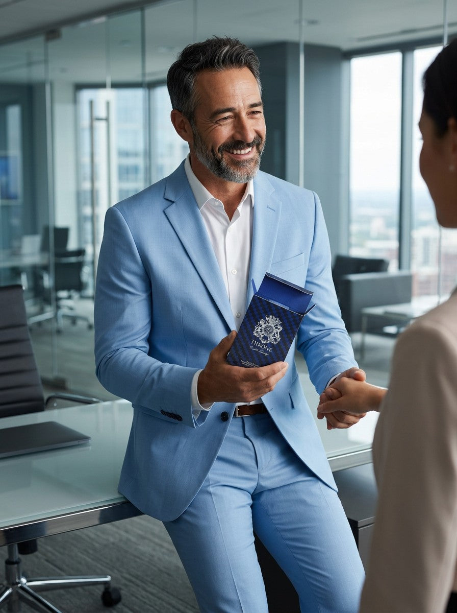 A smiling man in a light blue suit holding an English Laundry Throne perfume box while shaking hands in an office.