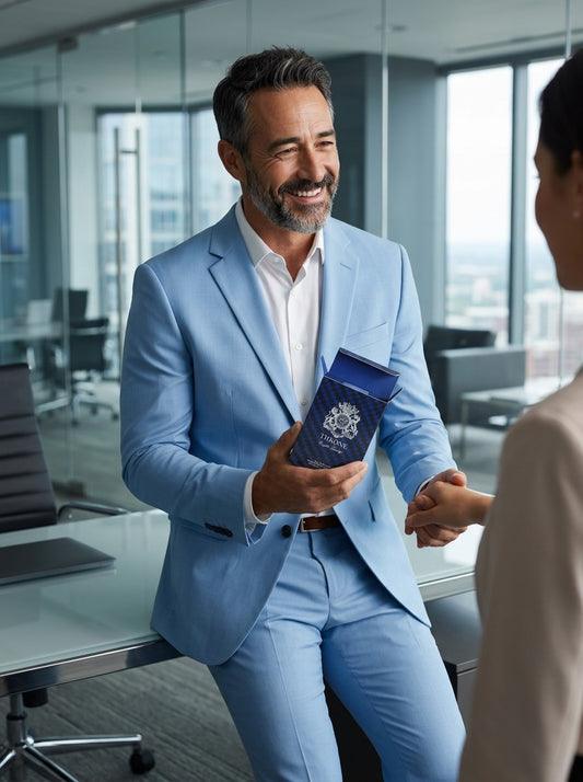 A smiling man in a light blue suit holding an English Laundry Throne perfume box while shaking hands in an office.
