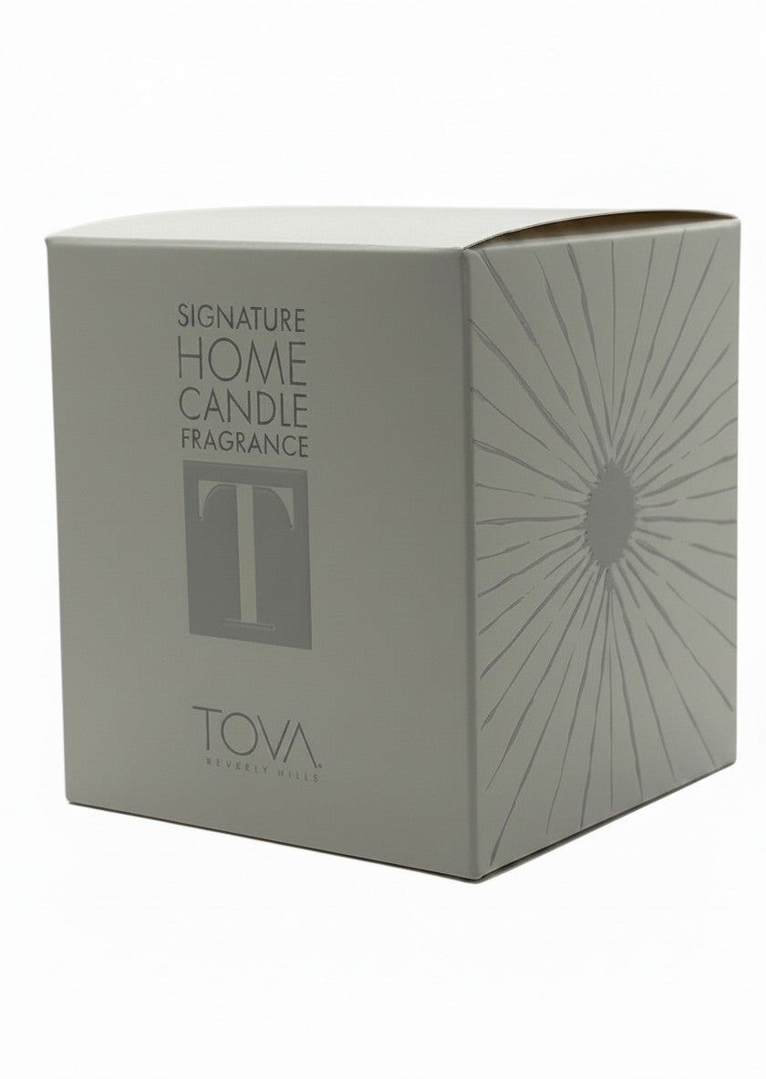 Paradime Enterprise LLC TOVA Beverly Hills Signature Home Candle fragrance box in light grey with minimalist branding.