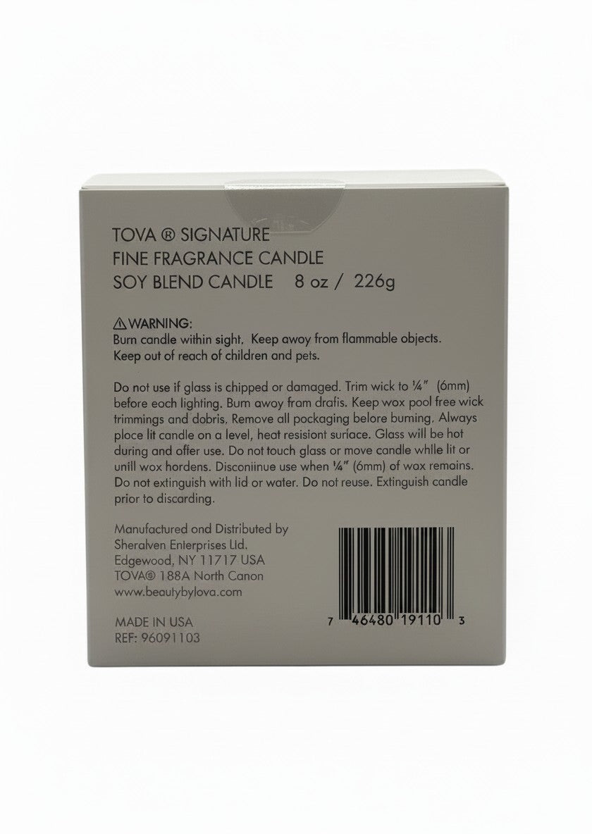 Paradime Enterprise LLC TOVA Signature home candle packaging back view with safety instructions and barcode