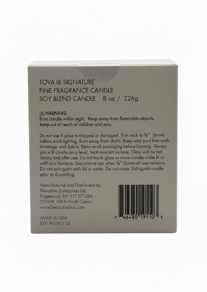 Paradime Enterprise LLC TOVA Signature home candle packaging back view with safety instructions and barcode
