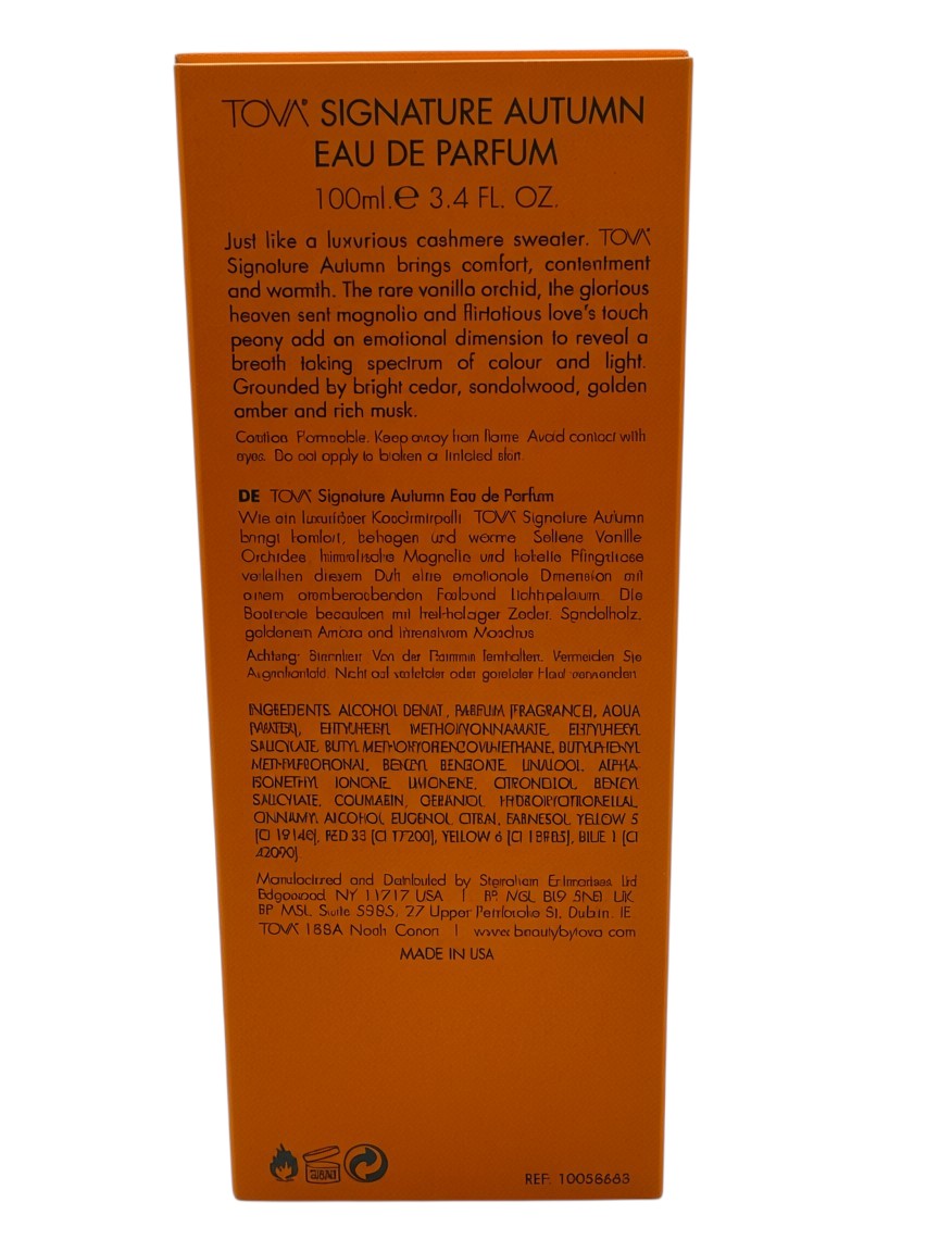 Paradime Enterprise LLC Tova Signature Autumn Eau de Parfum 3.4 fl oz bottle back label with ingredients and scent notes