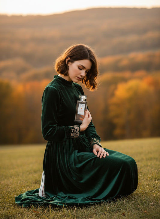 Paradime Enterprise LLC Tova Signature Autumn perfume bottle held by a woman in a green velvet dress in a fall field
