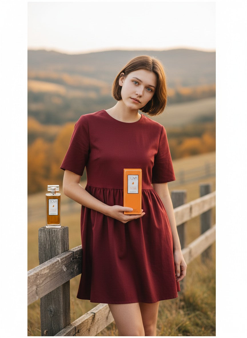 Paradime Enterprise LLC Tova Signature Autumn perfume bottle and box held by a woman in a maroon dress at sunset.