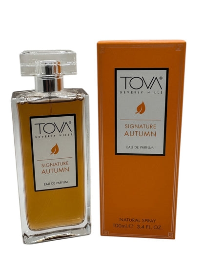 Paradime Enterprise LLC Tova Signature Autumn Eau de Parfum 3.4 oz bottle and orange box with leaf logo
