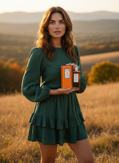 Paradime Enterprise LLC Tova Signature Autumn perfume bottle and orange box held by a woman in a green dress at sunset