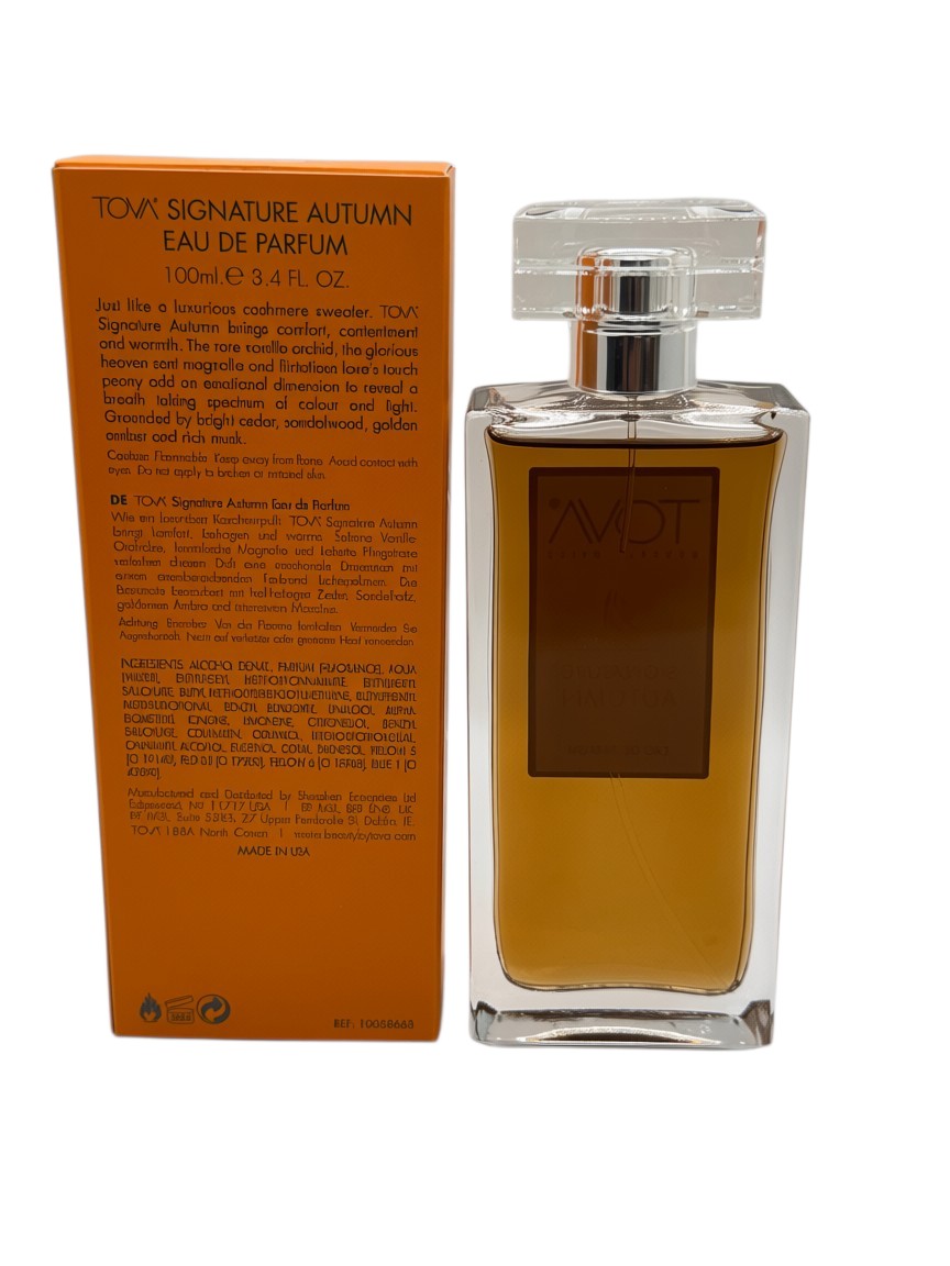 Paradime Enterprise LLC Tova Signature Autumn Eau de Parfum 3.4 oz bottle with its orange product packaging box.
