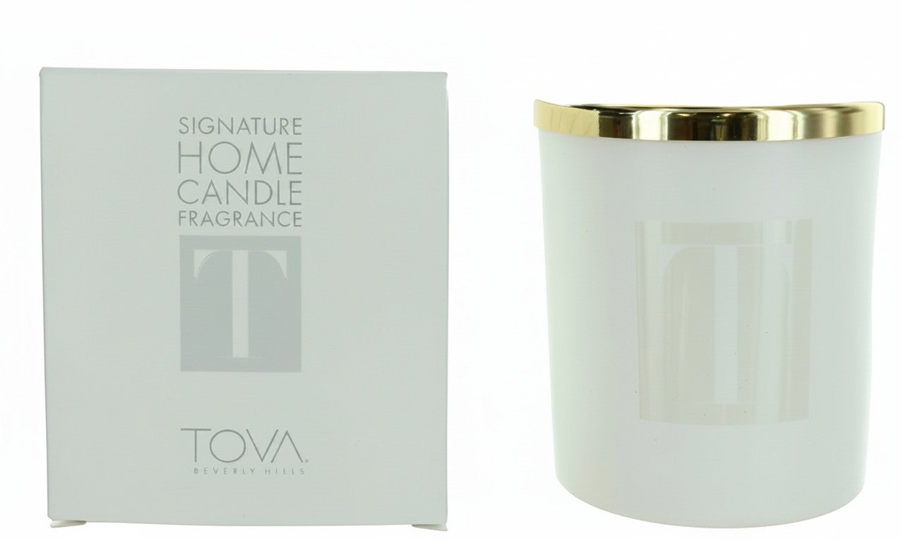 Paradime Enterprise LLC TOVA Beverly Hills signature home candle in a white vessel with a polished gold rim and box.