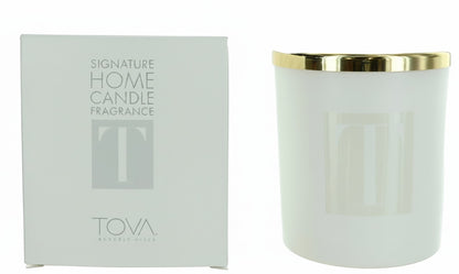 Paradime Enterprise LLC TOVA Beverly Hills signature home candle in a white vessel with a polished gold rim and box.