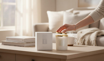 Paradime Enterprise LLC TOVA Beverly Hills signature candle in a white glass vessel with gold rim on a living room table