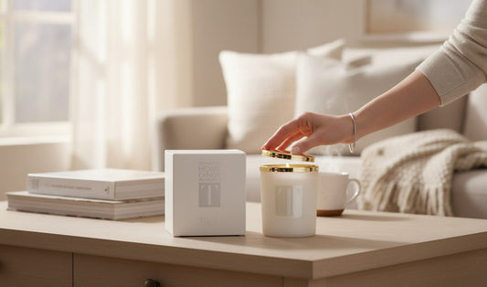 Paradime Enterprise LLC TOVA Beverly Hills signature candle in a white glass vessel with gold rim on a living room table