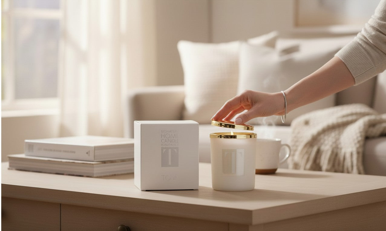 Paradime Enterprise LLC TOVA Beverly Hills signature candle in a white vessel with gold rim on a wooden table