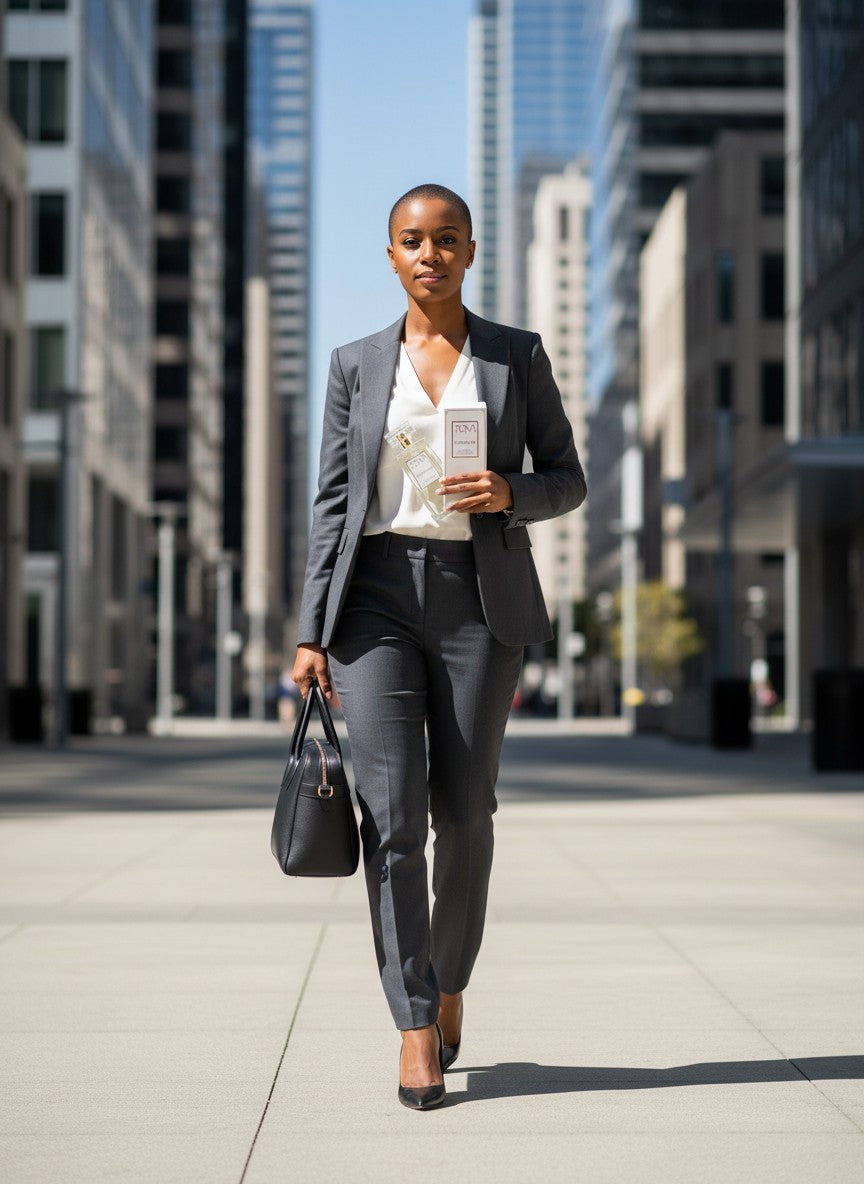 Paradime Enterprise LLC Tova Signature EDP perfume bottle held by a professional woman walking in a city plaza.
