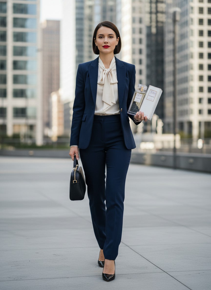 Paradime Enterprise LLC Tova Signature EDP bottle and box held by a professional woman in a navy suit in the city.
