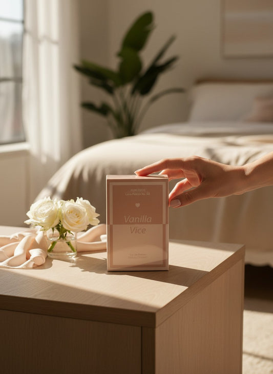 Paradime Enterprise LLC Aubusson Love Potion No. 02 Vanilla Vice perfume box on a wooden table with white roses