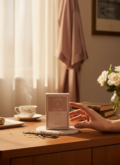 Paradime Enterprise LLC Aubusson Love Potion No. 02 Vanilla Vice perfume bottle on a marble coaster in a cozy room.