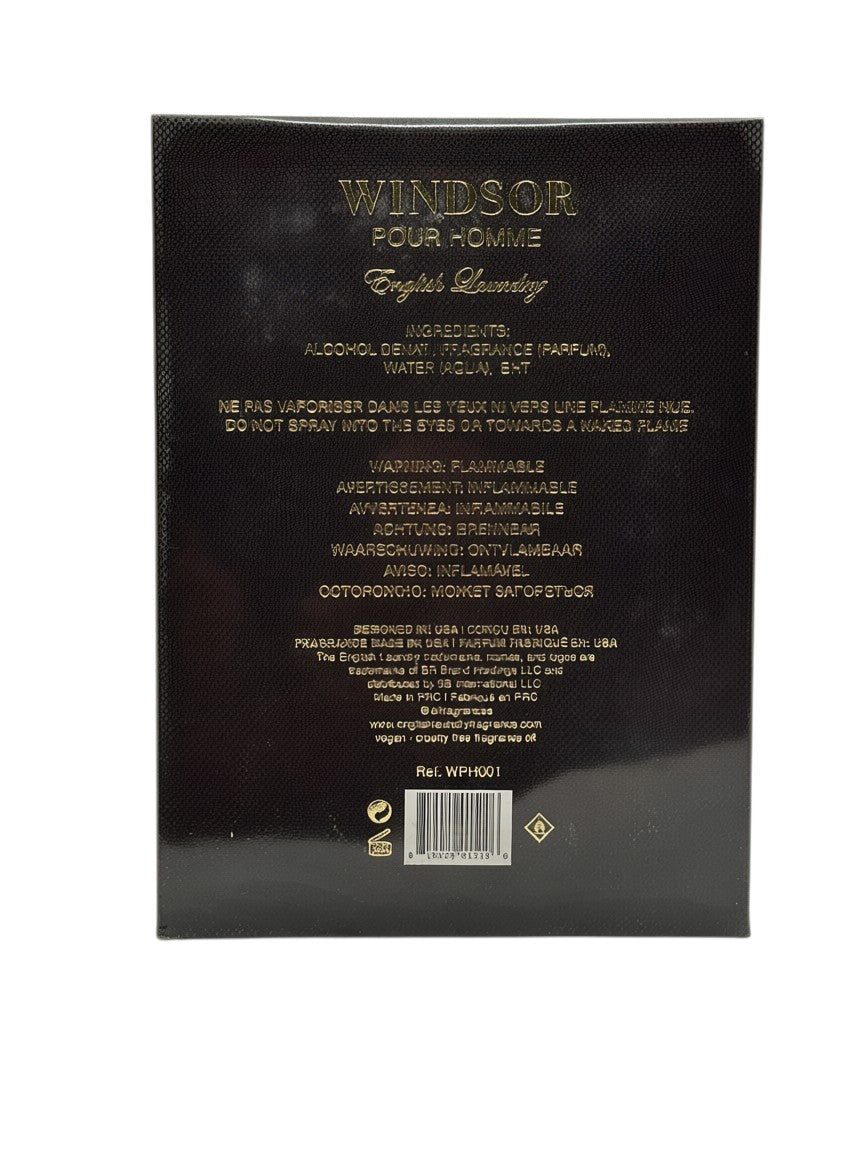 Back of Paradime Enterprise LLC English Laundry Windsor Pour Homme perfume box with gold text on black background