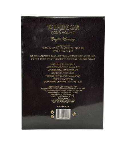 Back of Paradime Enterprise LLC English Laundry Windsor Pour Homme perfume box with gold text on black background