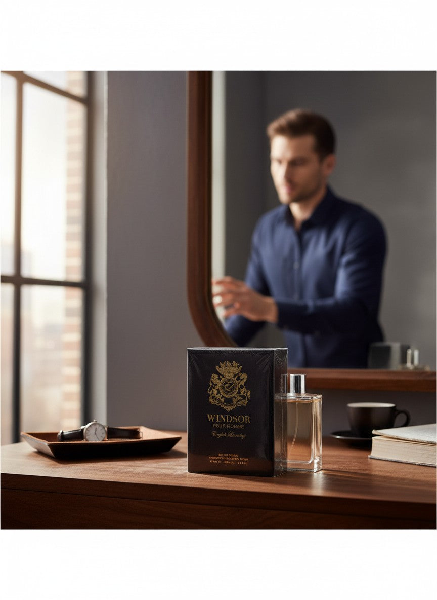 Paradime Enterprise LLC English Laundry Windsor Pour Homme fragrance bottle and box on a wooden desk with a man.